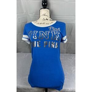 Victory Secret Pink‎ Shirt Women’s Short Sleeve Glitter Blue Jersey Y2K